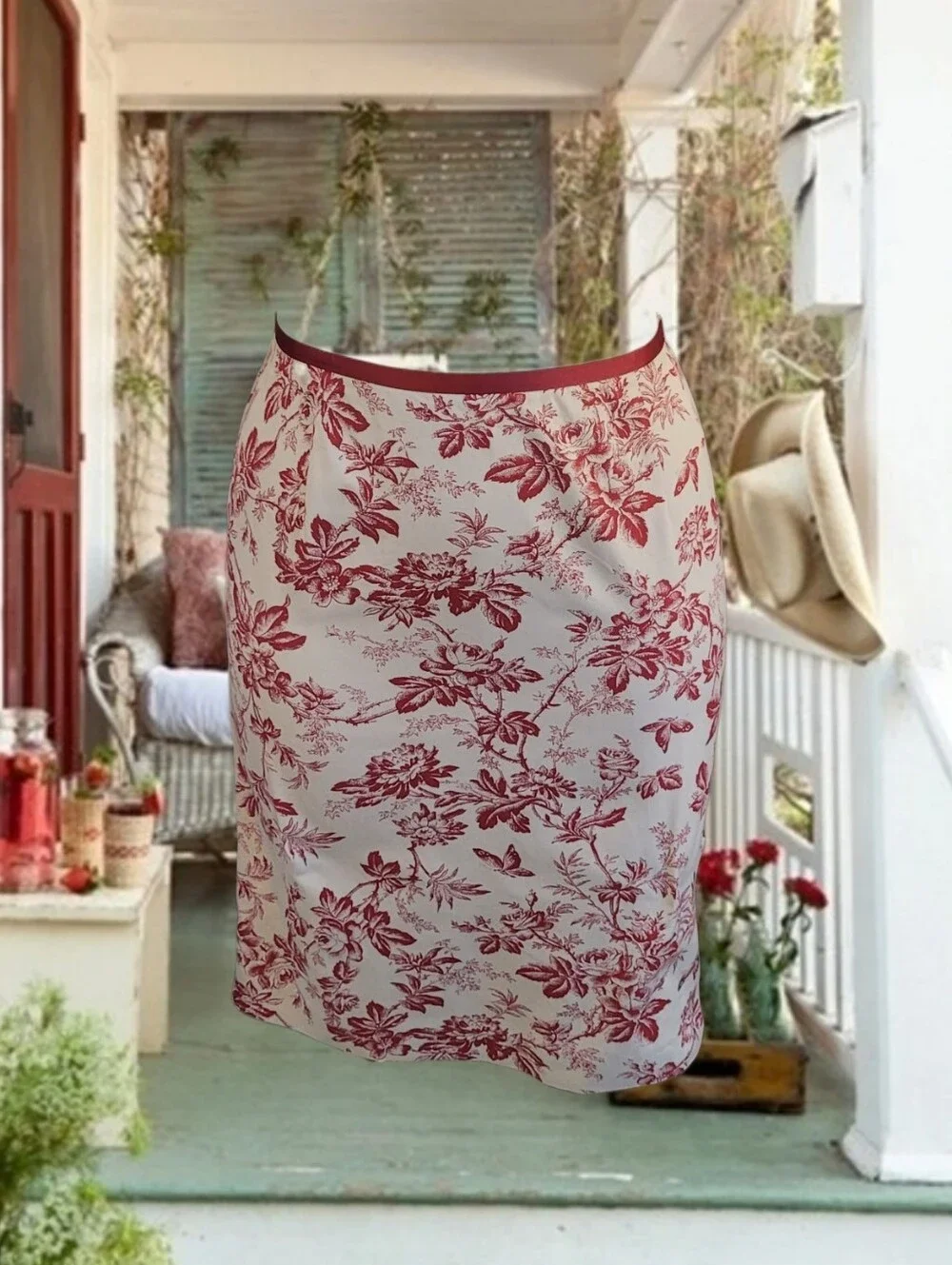 Eddie Bauer Red Floral Pencil Skirt on Cream